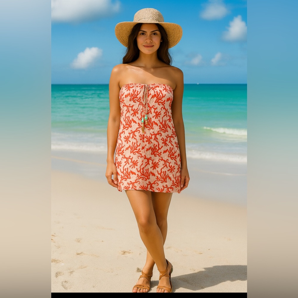 Milly Coral and White Strapless Dress coverup